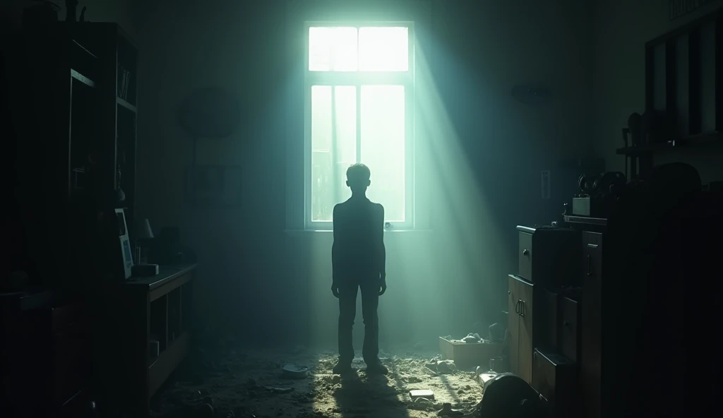 A person standing in a shadowy, cluttered room with a bright, radiant sunbeam streaming through a window, casting dramatic shadows. The individual looks overwhelmed and lost in the shadowy clutter. -ar 16:9