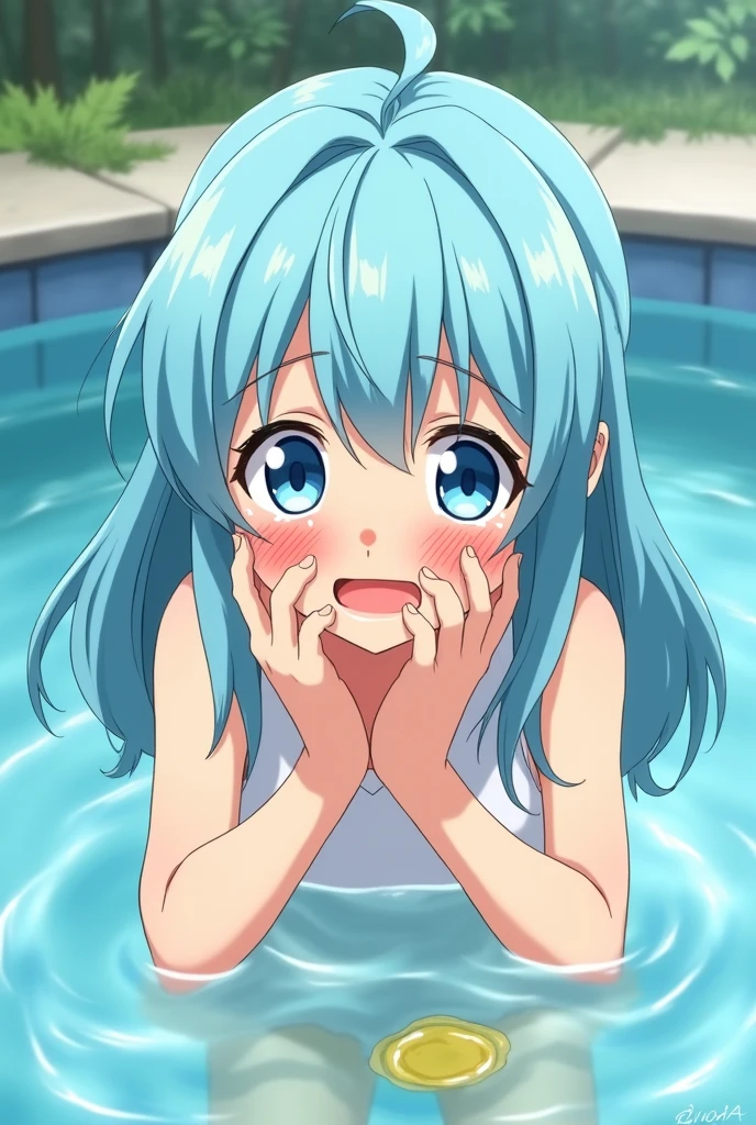 Peeing self, Have to pee, Anime, looking at camera, embarrassed, blush, peeing, yellow pee, tears, crying, out of breath, sweating, blue eyes, cyan hair, one girl, Eirika fe, white skirt, a spot of yellow urine in the pool