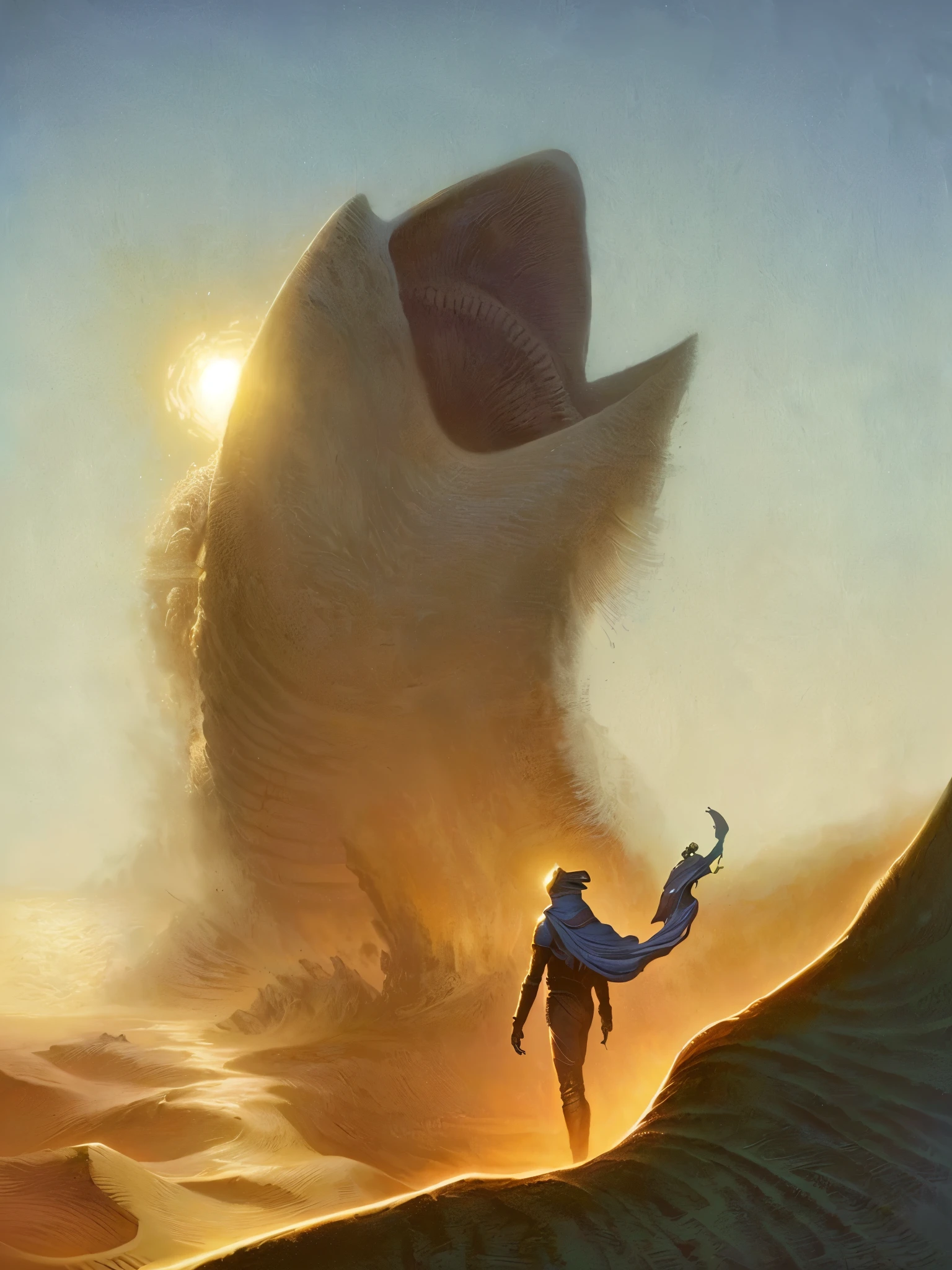 painting of a man on a sand slope, greg beeple, dan mcpharlin, les edwards poster art, beeple and jean giraud, detailed painting of dune movie, style of jim burns, sandworm, epic fantasy sci fi illustration, award winning scifi art, jodorwoski's dune, beeple and tim hildebrandt