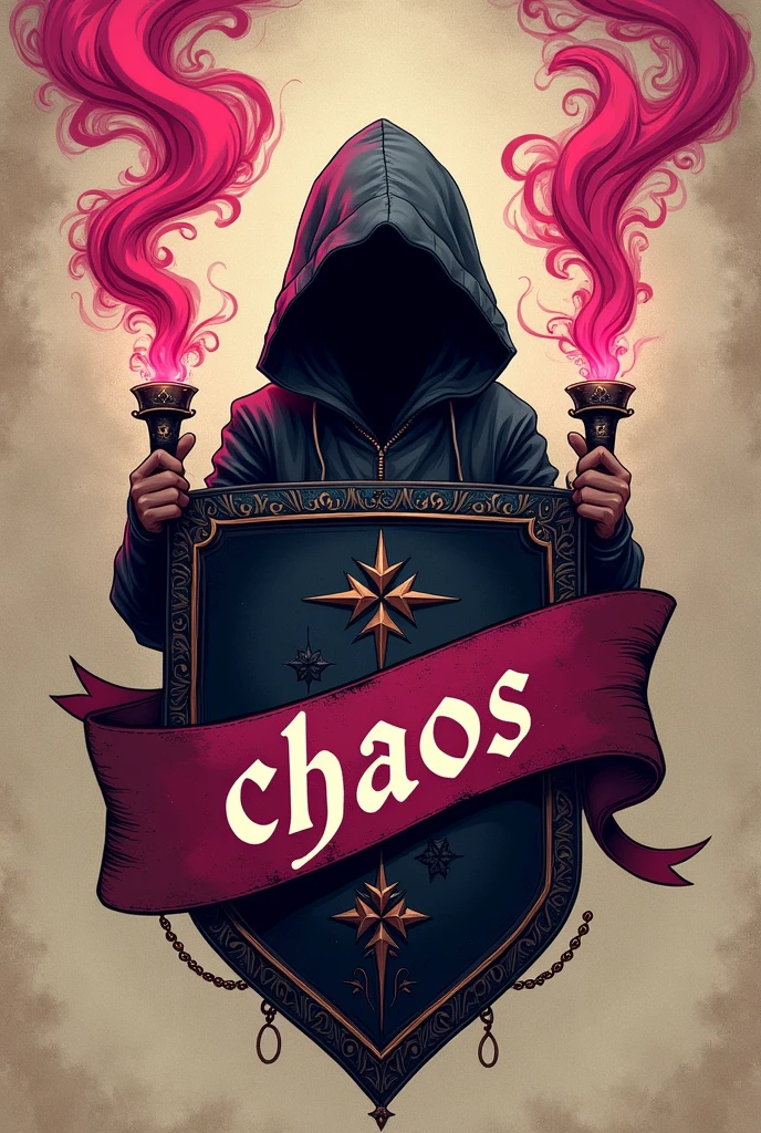 coat of arms with a hooded boy holding smoke sticks and a banner underneath that says chaos in pink and black