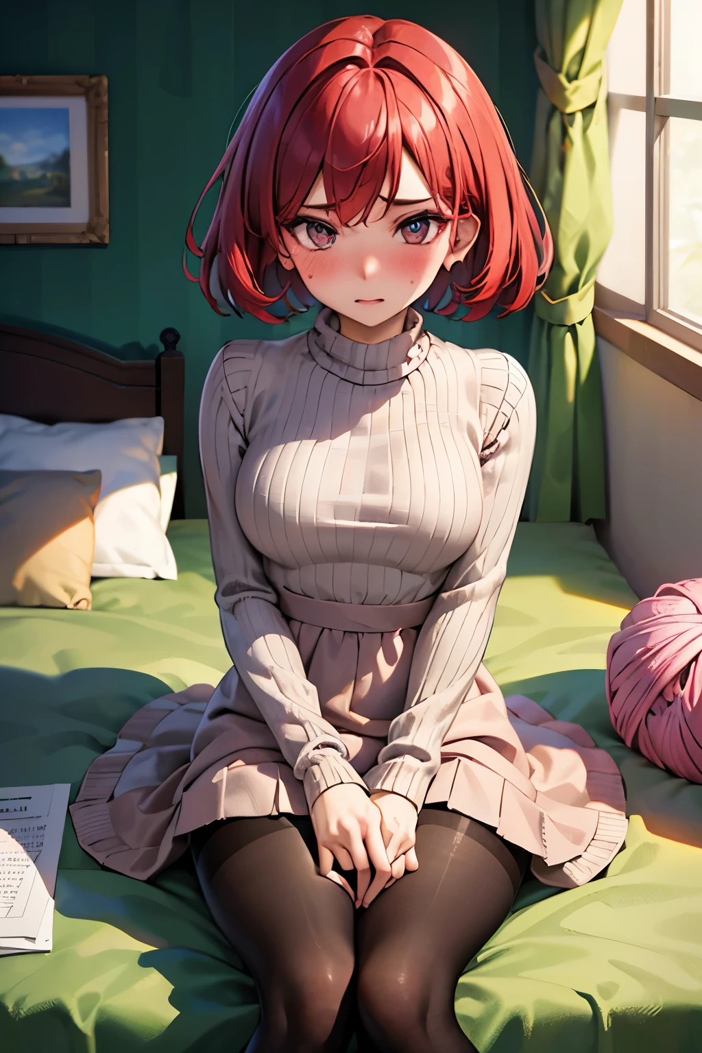 (Highest quality:1.1), (masterpiece:1.4), (Absurd:1.0), 
One Girl, Wizard、Red Hair、Short Hair、Medium chest、Looking at the audience、Bedroom、(blush:1.2)、Embarrassed expression、((pantyhose))、((Knitted dress))、((sit))、