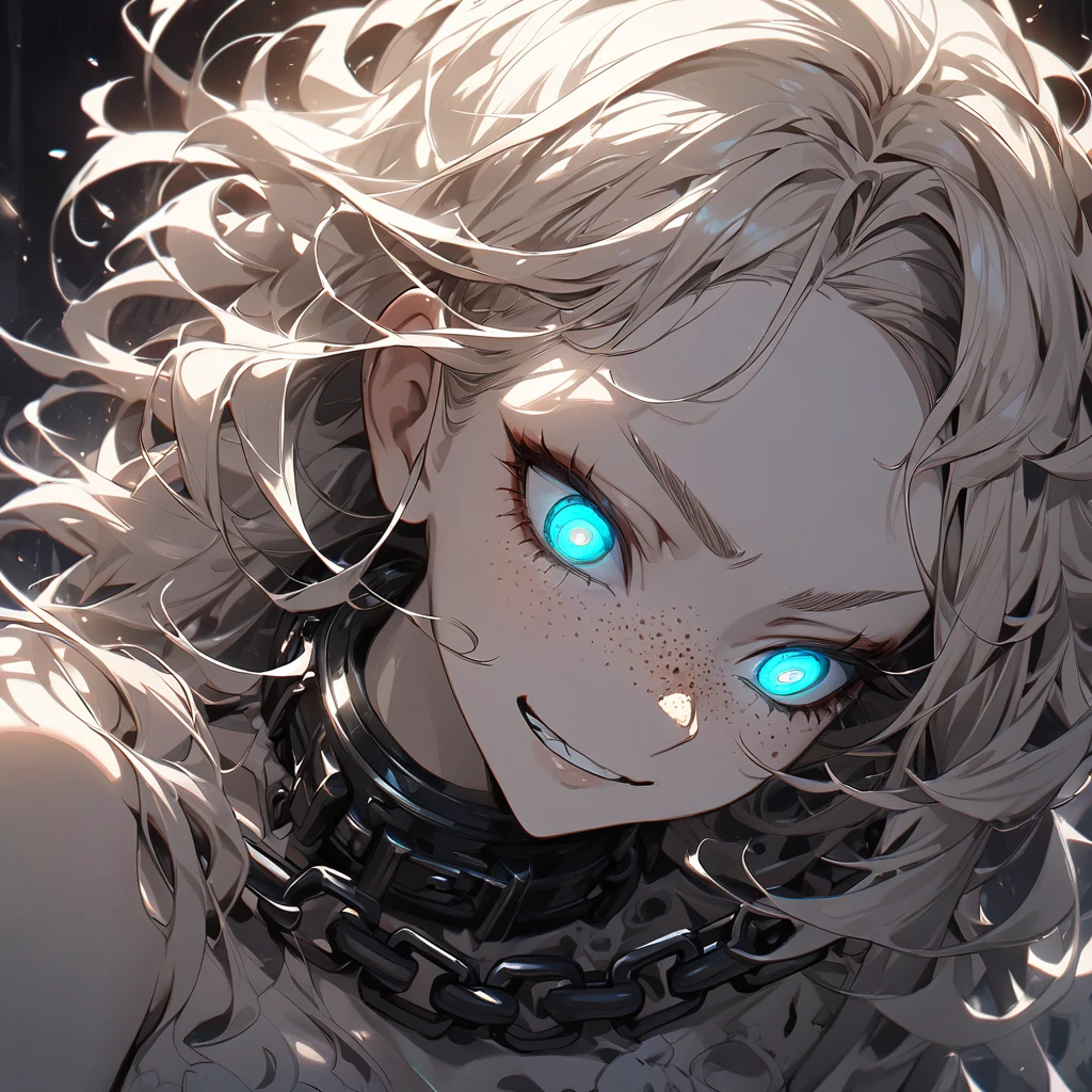 pretty girl, looking down, long messy hair, smirking, chained, mysterious, hypnotic eyes, whiplash, creative masterpiece, majestic, psycho, glowing background, detailed shadows, 8K resolution, ultra details, reflecting skin details, beautiful freckles, dark art