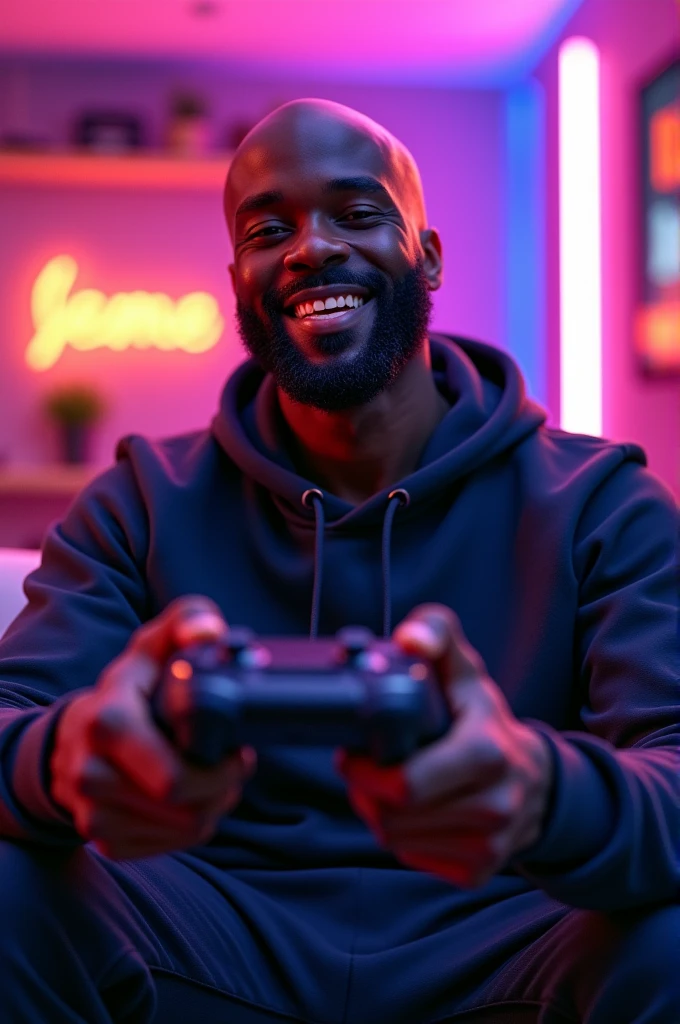 Smiling bald black man, with a neatly trimmed beard and a video game controller in his hand with a neon background 