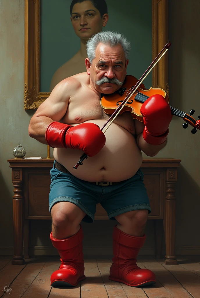 Boxer with gray hair and mustache, Slightly overweight but not too much, Thin arms and slightly swollen abdomen. He looks like Alberto Fernández, former president of Argentina. He has red boxing gloves on and is trying to play a violin but the gloves are obviously getting in the way.. He is in a room with a large painting on the wall..