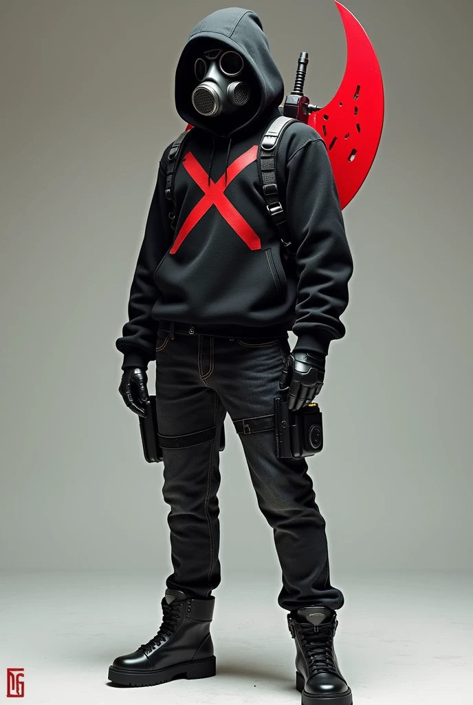 An avatar with a gas mask, a black sweater with a red x, jeans negros, black shoes, and a giant red shuriken on his back like Greninja Ash's