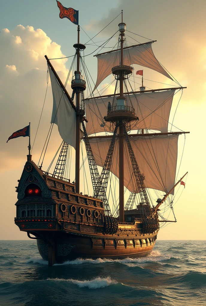 Medieval ship full of electronics on board 