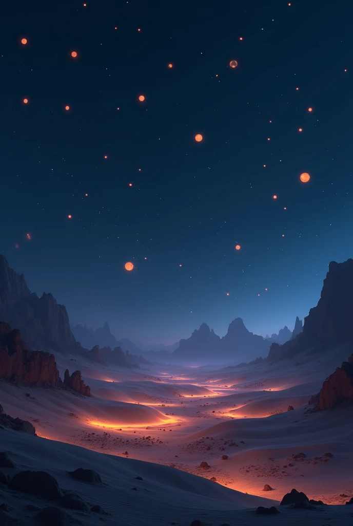 Desert at night with floating lights on the ground and in the sky