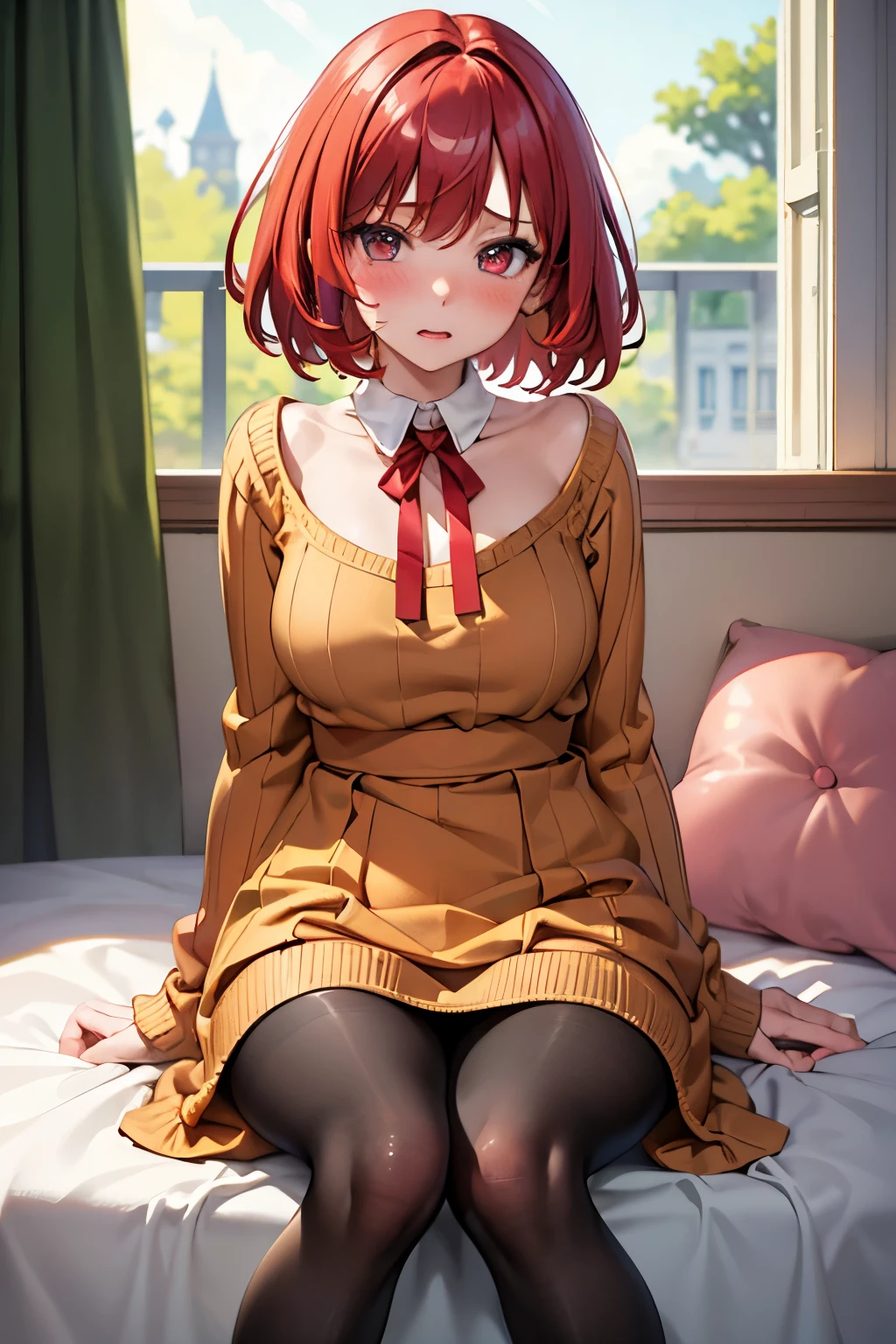 (Highest quality:1.1), (masterpiece:1.4), (Absurd:1.0), 
One Girl, Wizard、Red Hair、Short Hair、Medium chest、Looking at the audience、Bedroom、(blush:1.2)、Embarrassed expression、((pantyhose))、((Knitted dress))、((sit))、