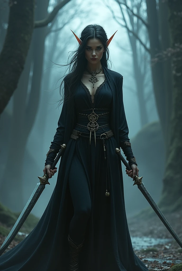 Black haired woman with white gait carrying a sword  