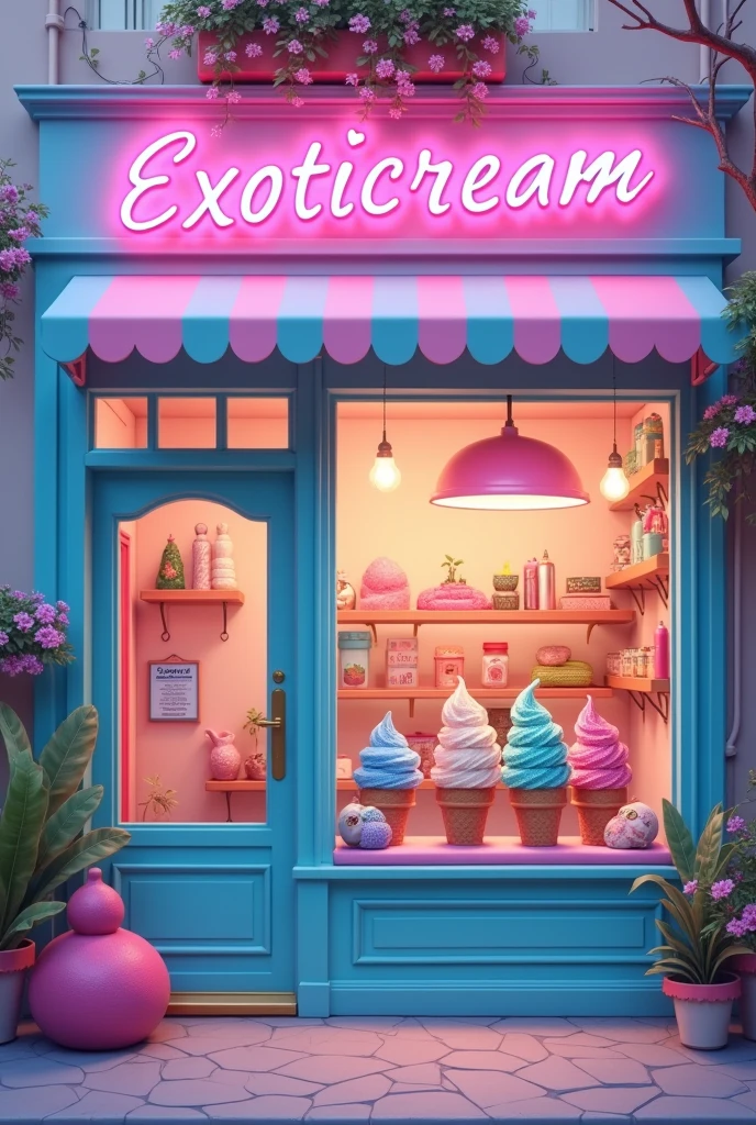 an ice cream shop named "exoticream", a creative and cozy place with pastel colors, specifically blue and pink
