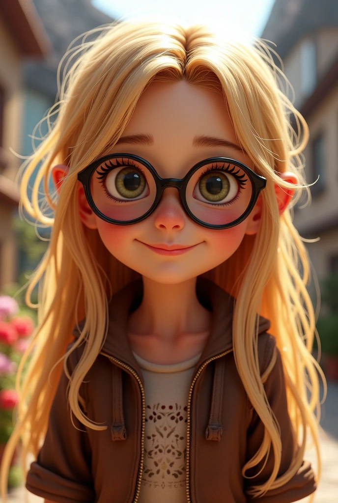11-year-old blonde girl with glasses from Alsace, long mischievous hair