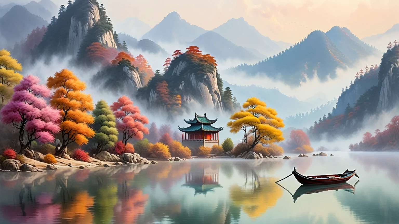 oriental landscape, traditional Chinese painting, serene mountain scenery, vibrant autumn trees, misty mountains, calm lake, small boat on water, pastel colors, soft and warm lighting, peaceful and dreamlike atmosphere, artistic brushstrokes, detailed nature scene, vibrant yet tranquil, fantasy environment