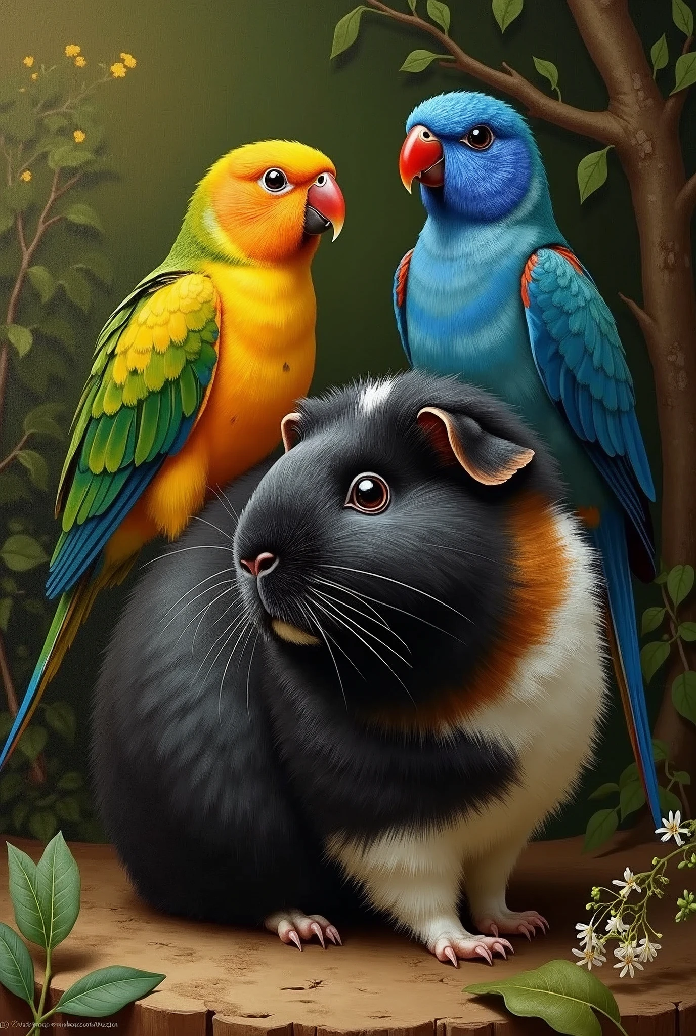 Painting with Renaissance features of a guinea pig with predominantly black fur, but with some white and brown parts, next to two birds of the Australian parakeet species, one yellow with green parts and the other completely blue.