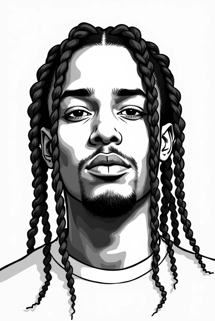 Create a simple black and white drawing of the German rapper Reezy with braids 