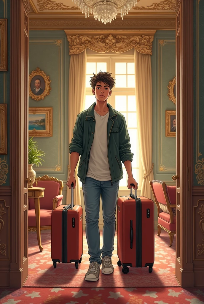 an easy-to-replicate drawing of a young man who has just entered a very decorated apartment and is a little anxious and just unloading suitcases