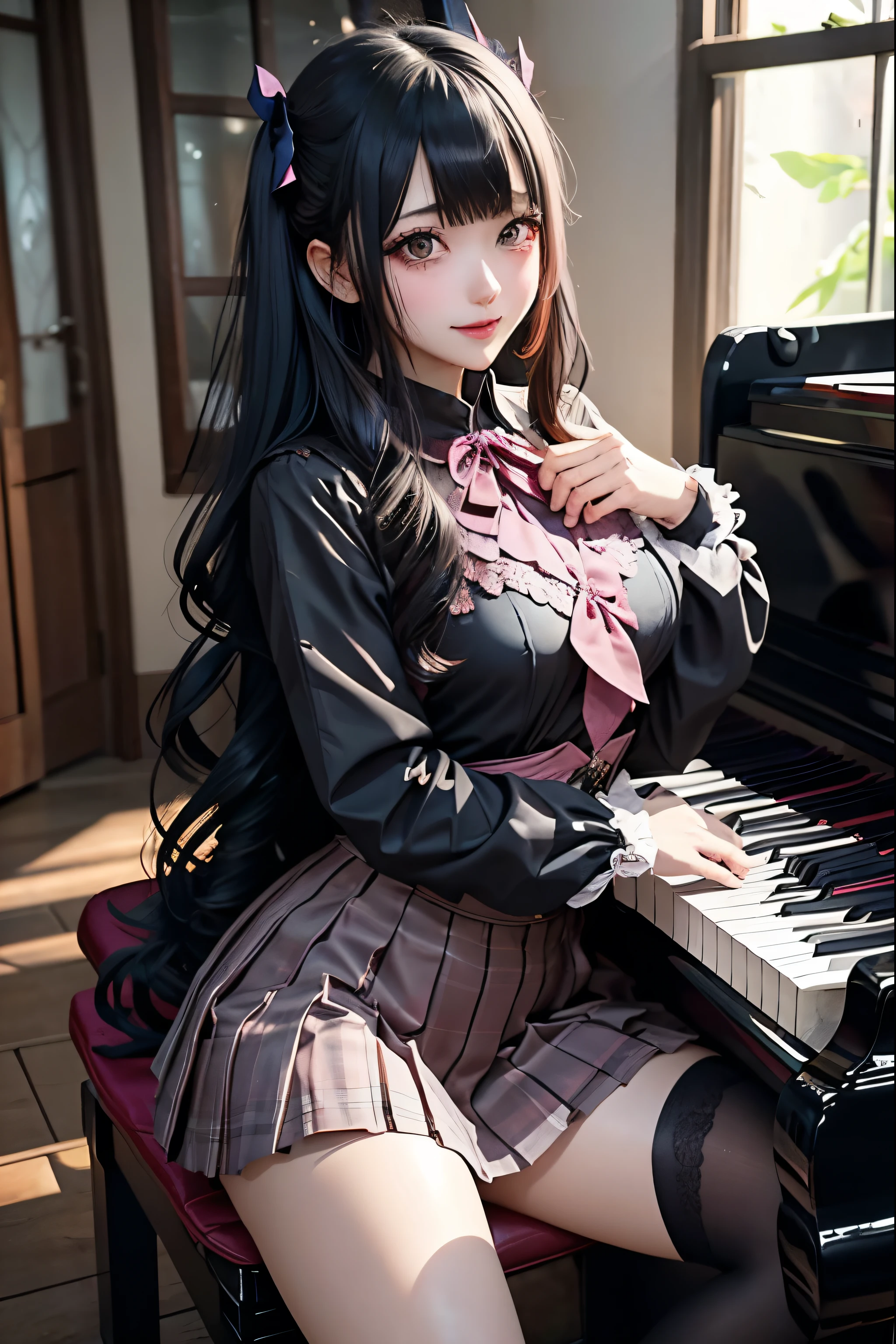 high school girlブレザー、high school girl、Red checked skirt、JK Style、Jacket、smile、garter、Knee socks、Panty stocking、Otherworldly beauty、Extraordinarily cute、boredom、unusual beauty、Dark black eyeshadow、sorrow、Good skin glow、Long Hair Straight Hair、Dark Gothic Makeup、暗いsmile、Beautiful woman、Stained Glass Background、On the table、Best Quality、5 reference books、Sweat glistens on my chest、Sweat glistens on my face、Thigh sweat、sweating、Black frill East size Regular size、Dark pink hair、Age 22 years old、Sweat sticks to my thighs、I sweat a lot and get sticky。、My thighs are sticky and shiny、Sweating on thighs and chest、Small breasts、Slightly slim、I sweat all over my body、play the piano、Sit down and play an instrument、legs are thin、Two people、Lesbian couple、Hugging a girl、My female friend has a super cute face、My female friend has a very beautiful face、Do lesbian play、Super smooth straight hair、