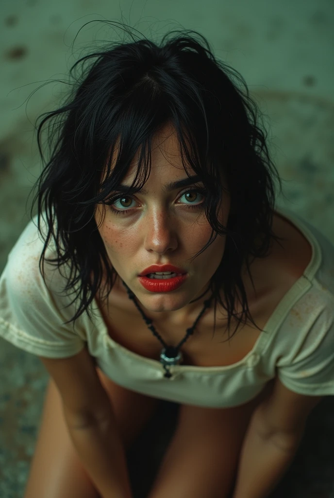 70s setting, grainy film, ultra-detailed, realistic, abstract, inner conflict, desperate tremor, sexual exhausted, hard breath, loosing control, hazy view, sweat, desperation, green eyes, soaked t-shirt, void background, red lips, noir, wet sticky hair, bob cut, natural skin texture, hot,