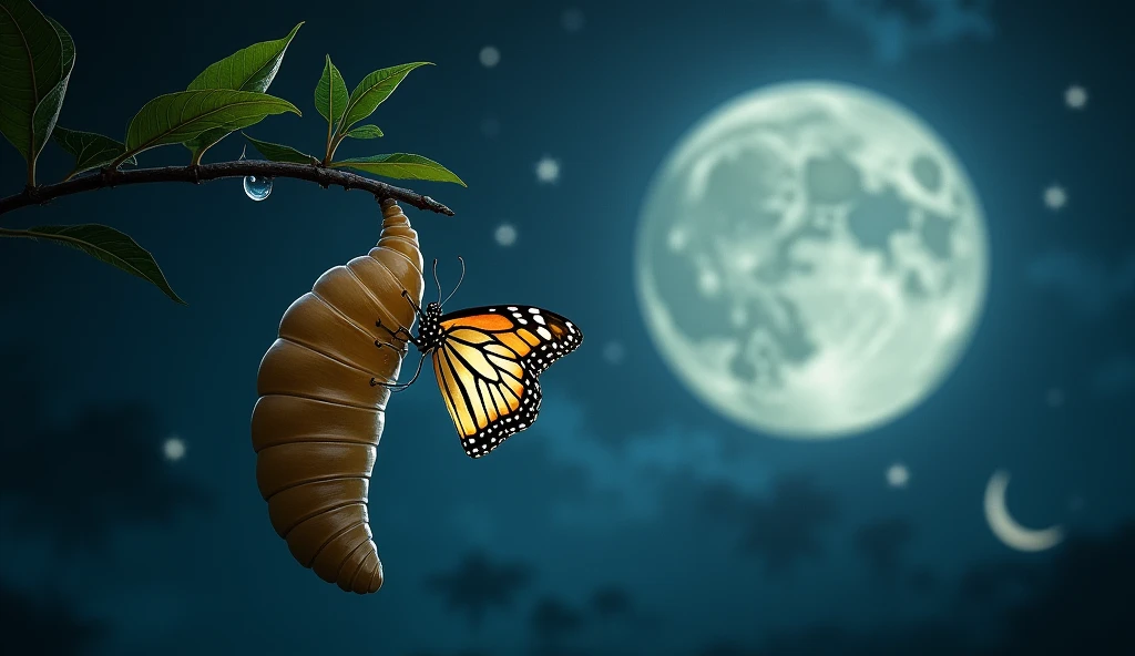 A metaphorical scene of a cocoon transforming into a butterfly under a night sky with a large, glowing moon. The background shows celestial bodies aligning, symbolizing the release and transformation. -ar 16:9