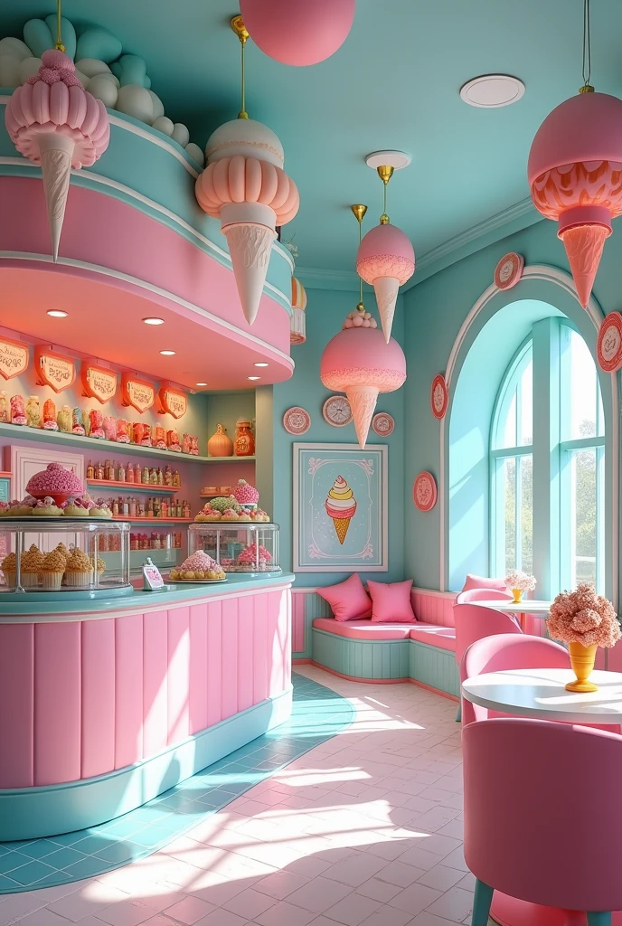 an ice cream shop named "exoticream", a creative and cozy place with pastel colors, specifically blue and pink