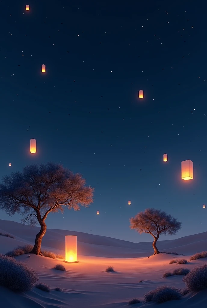 Desert at night, trees, with floating lanterns on the ground and in the sky