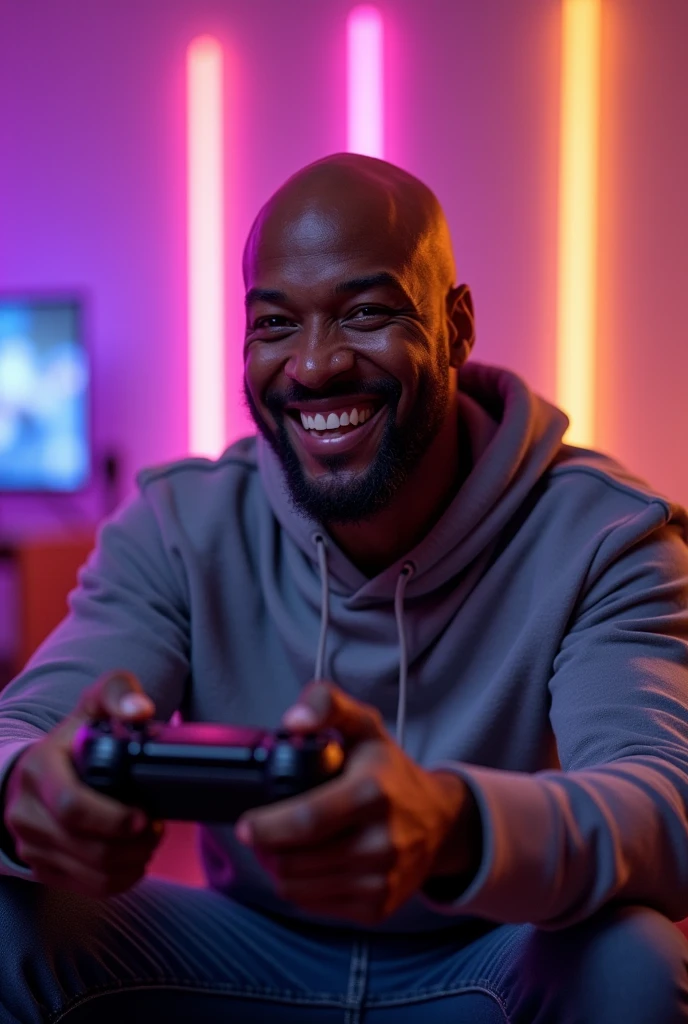 Smiling bald black man, with a sparse beard and a video game controller in hand with a purple and orange neon background