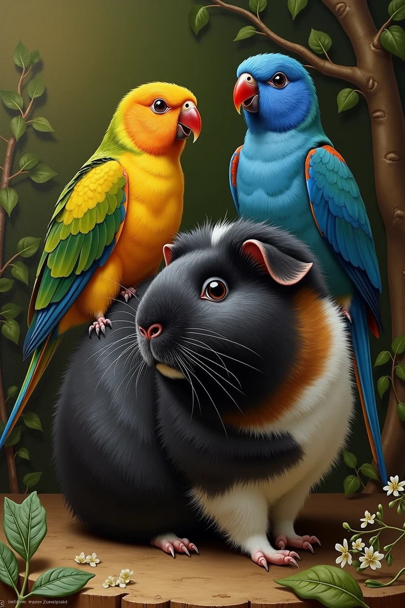 Painting with Renaissance features of a guinea pig with predominantly black fur, but with some white and brown parts, next to two birds of the Australian parakeet species, one yellow with green parts and the other completely blue.