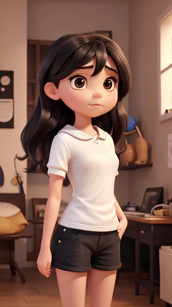 13 year old woman, beautiful, slim, small breasts, cadera slim, big eyes, black eyes , thick lips, convex nose, wide face, circular face, black hair, amber skin, straight hair, Long hair, con shorts blancos, white blouse,full body