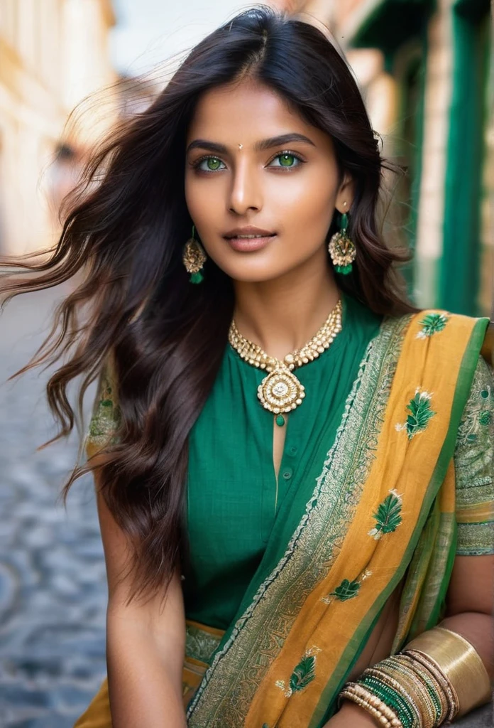 Create a breathtaking travel photo featuring (((Nógrády Dia))), a stunning 22-year-old indian woman. Dia has fair, glowing skin, high cheekbones, and deep emerald green eyes. Her long chestnut Indian hair flows in soft waves. She wears a stylish, elegant outfit suitable for sightseeing. The scene should capture the charm of the city with Dia's radiant beauty and joyful expression. Natural lighting enhances the overall atmosphere, making it a perfect travel adventure shot.