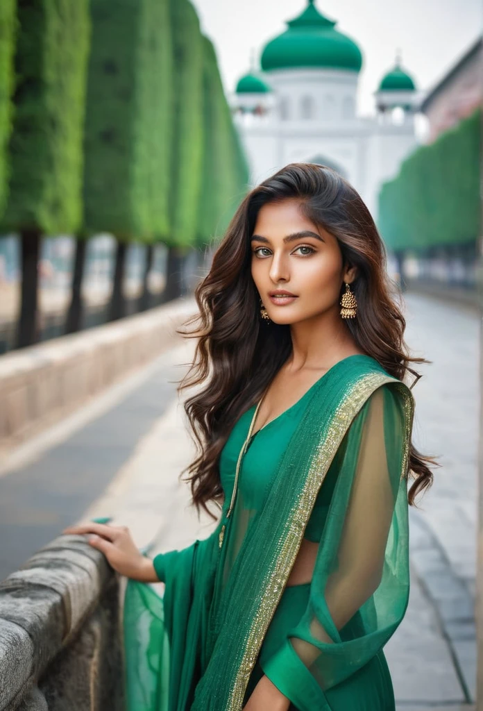 Create a breathtaking travel photo featuring (((Nógrády Dia))), a stunning 22-year-old indian woman. Dia has fair, glowing skin, high cheekbones, and deep emerald green eyes. Her long chestnut Indian hair flows in soft waves. She wears a stylish, elegant outfit suitable for sightseeing. The scene should capture the charm of the city with Dia's radiant beauty and joyful expression. Natural lighting enhances the overall atmosphere, making it a perfect travel adventure shot.