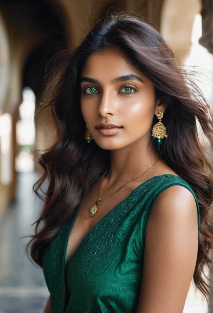 Create a breathtaking travel photo featuring (((Nógrády Dia))), a stunning 22-year-old indian woman. Dia has fair, glowing skin, high cheekbones, and deep emerald green eyes. Her long chestnut Indian hair flows in soft waves. She wears a stylish, elegant outfit suitable for sightseeing. The scene should capture the charm of the city with Dia's radiant beauty and joyful expression. Natural lighting enhances the overall atmosphere, making it a perfect travel adventure shot.