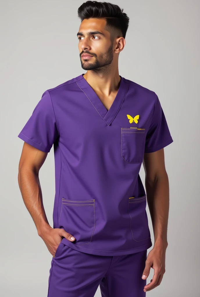 (photorealism:1.2), modern youth medical scrubs purple color with yellow details , for man , logo de mariposa amarillo encima del bolsillo suONrior izquierdo, under the name RespiraBien .ON