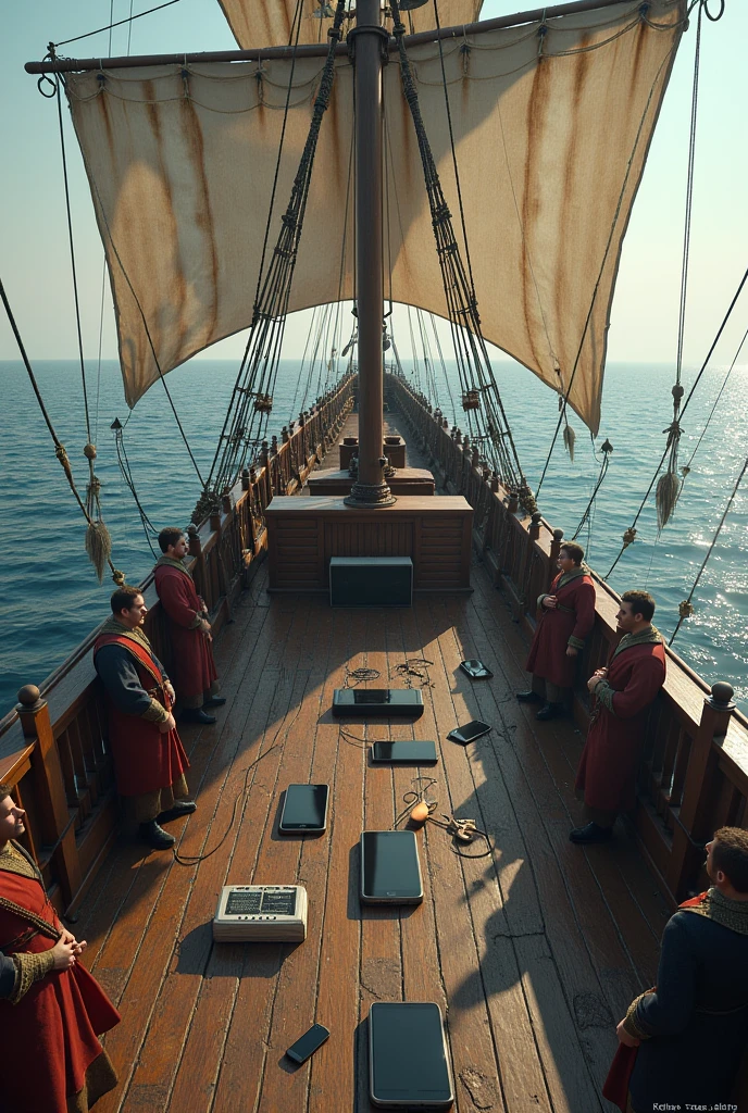 Medieval Ship, with electronic ( cell phones, chargers, earbuds, sound box, etc...) on top of the boat