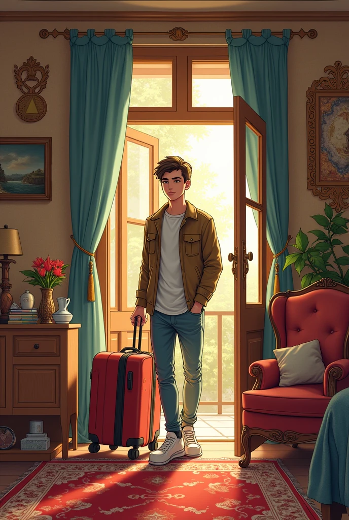 an easy-to-replicate drawing of a young man who has just entered a very decorated apartment and is a little anxious, barely unloading suitcases, and the apartment is more visible