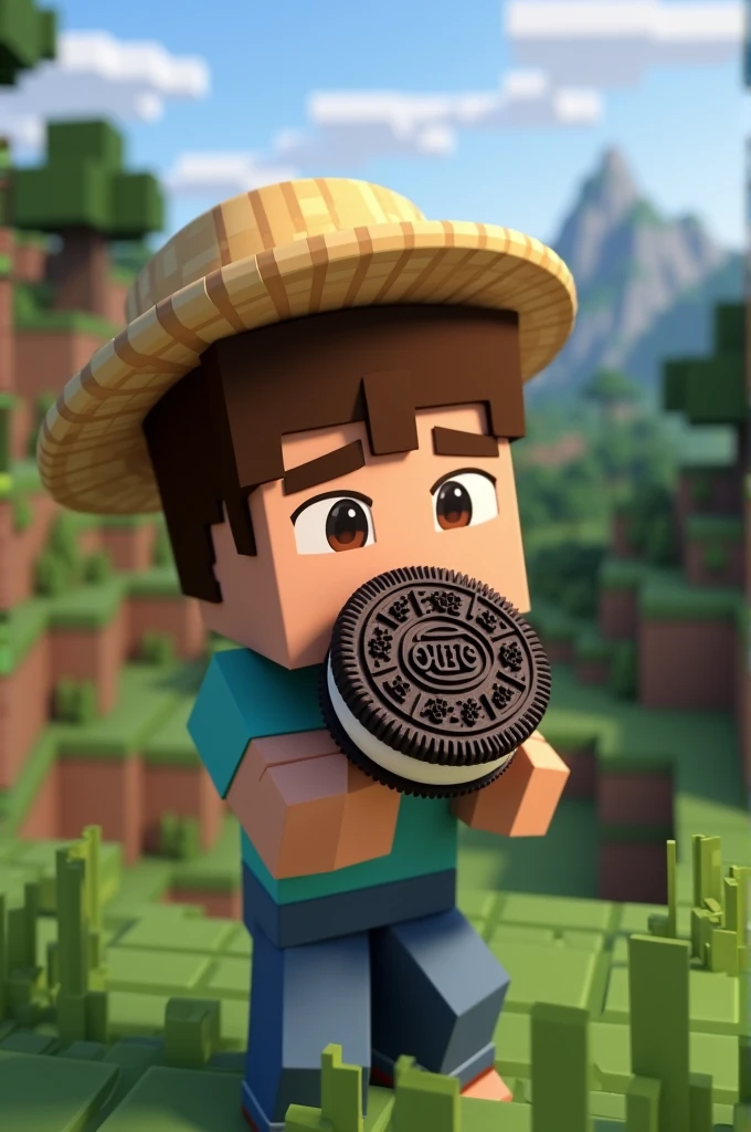 Minecraft villager with a straw hat, licking the white part of an Oreo cookie