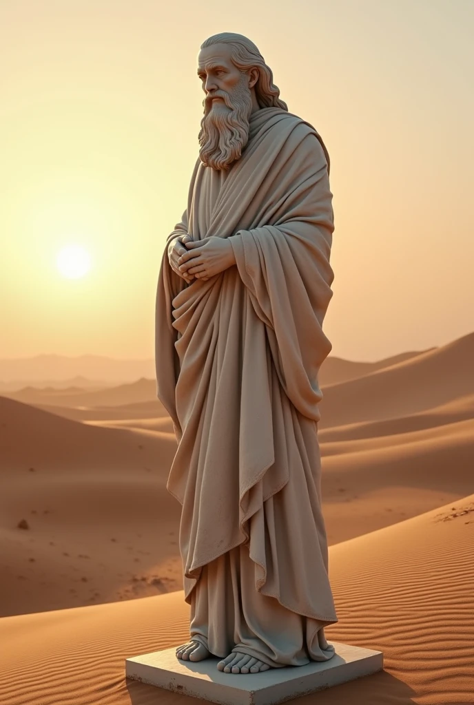 "A marble statue of a stoic philosopher standing in a vast, empty desert, with ancient ruins scattered in the background. The environment features subtle fractal designs in the sand and a warm, glowing sunset. The composition is minimalist yet powerful, emphasizing the philosopher’s calm and steadfast expression. The scene is detailed and evocative, capturing the essence of endurance and wisdom, rendered in 8k with a serene and timeless atmosphere."