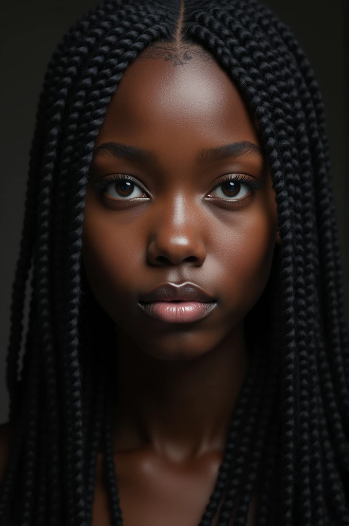 Dark african woman, tall, big nose, black acne spots, braided hair, no big cheek bones, chubby , dark, big nose, black skin