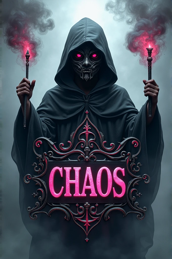 coat of arms with a hooded and masked boy with arms raised holding smoke sticks and a banner underneath written chaos in pink and black colors