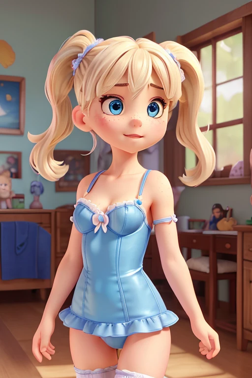 (masterpiece), best quality, expressive eyes, perfect cute face, 18yo girl, cute, short wavy hair, platinum blonde, with Pigtails, blue eyes, freckles on her face, wearing a lingerie, hard nip, cameltoe, covering her body, embarrassed, fullbody. granblue fantasy style.