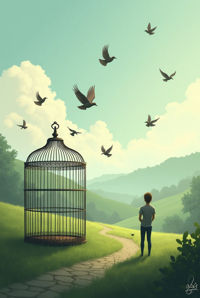 Therapeutic freedom, cage with birds being released
