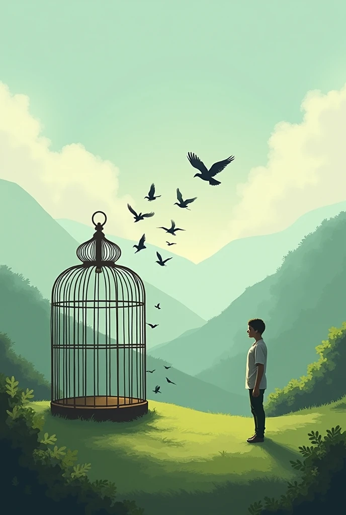 Therapeutic freedom, cage with birds being released 