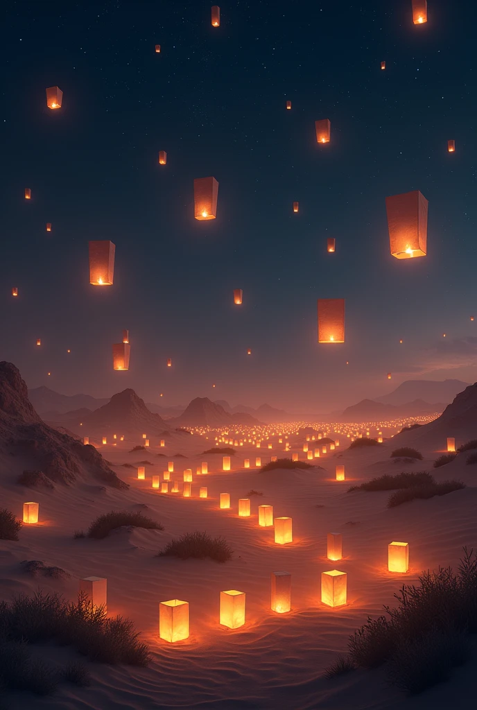 Desert at night, with many floating lanterns on the floor and in the sky