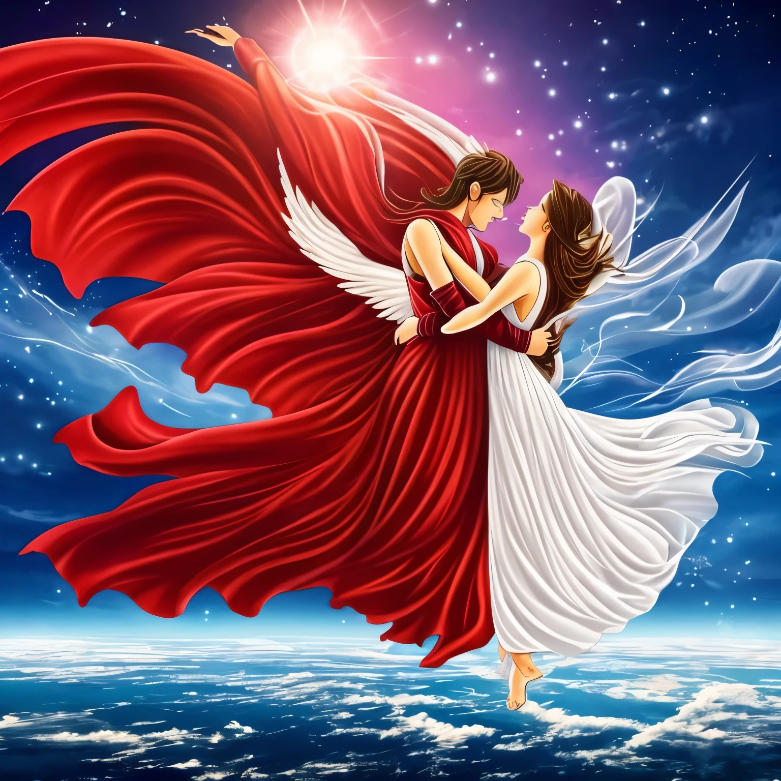 "Create an ethereal and surreal illustration that captures the essence of love turning the sky red. The scene should feature a vast sky with swirling clouds in shades of deep red and crimson, symbolizing the intense passion of love. Two figures stand on the ground, their hands reaching towards each other, with a glowing connection between them. One figure has golden hair and ocean-blue eyes, while the other has dark hair and night-black eyes. Above them, a faint image of an angel is seen, singing and praying, with soft light emanating from it. The sky is a mix of realistic and abstract elements, with the red hues blending into a mystical, almost otherworldly atmosphere. The illustration should convey both the serenity and the power of love, with the figures appearing both grounded and spiritually elevated."
}
