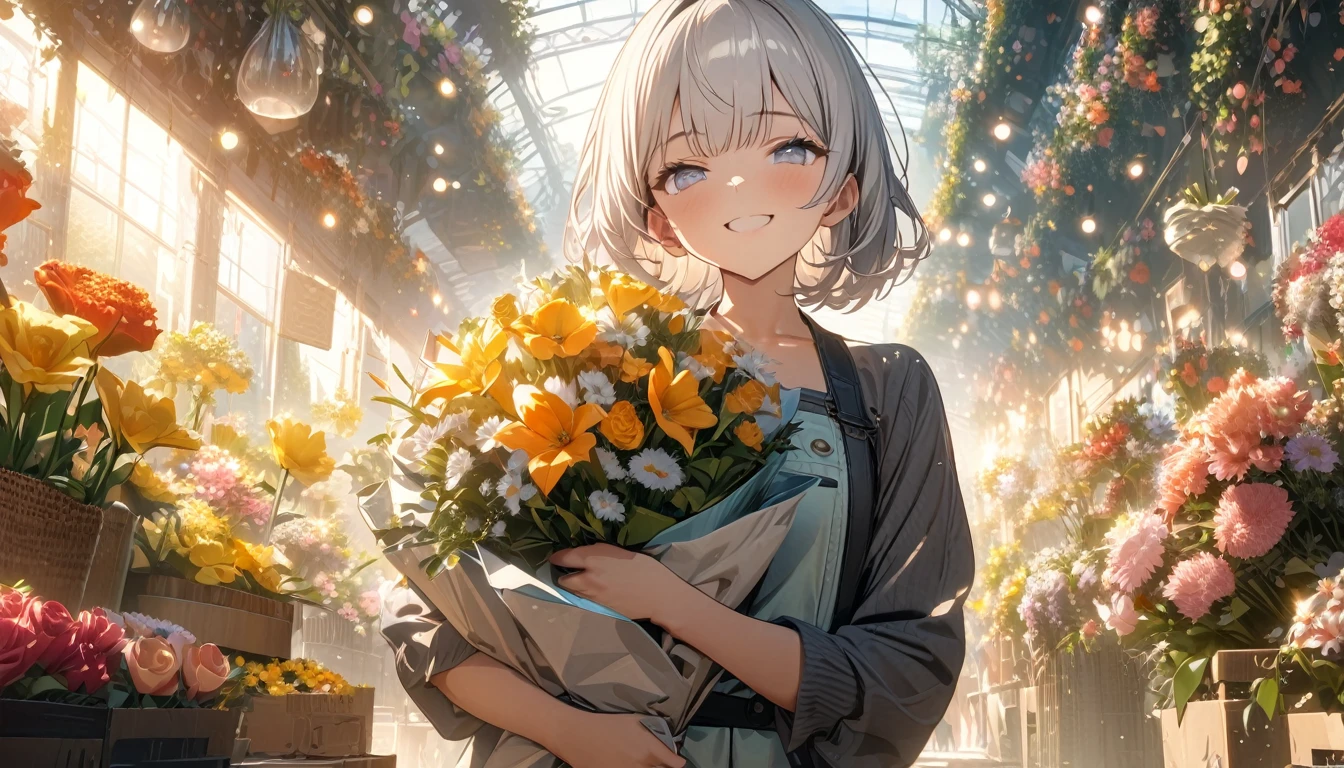 ((ultra-detailed))/(one women with short white hair and bob hair.、beautiful silver eyes,.、smile、gentle smile on her face、flat chest, one Beautiful girl,((masterpiece, illustration, best quality) ((ultra-detailed))/)Masterpiece\,Spring Morning, Flower Market，Florist,Female boss，Hand-held bouquet， sunlight, masterpiece, Perfect composition, Bright colors,,濃い青とBeautiful Blueのグラデーション, High resolution, 8K HD detail, hyper-detail, cinematic, surrealism, soft light, deep field focus bokeh, ray tracing and surrealism. --v6'