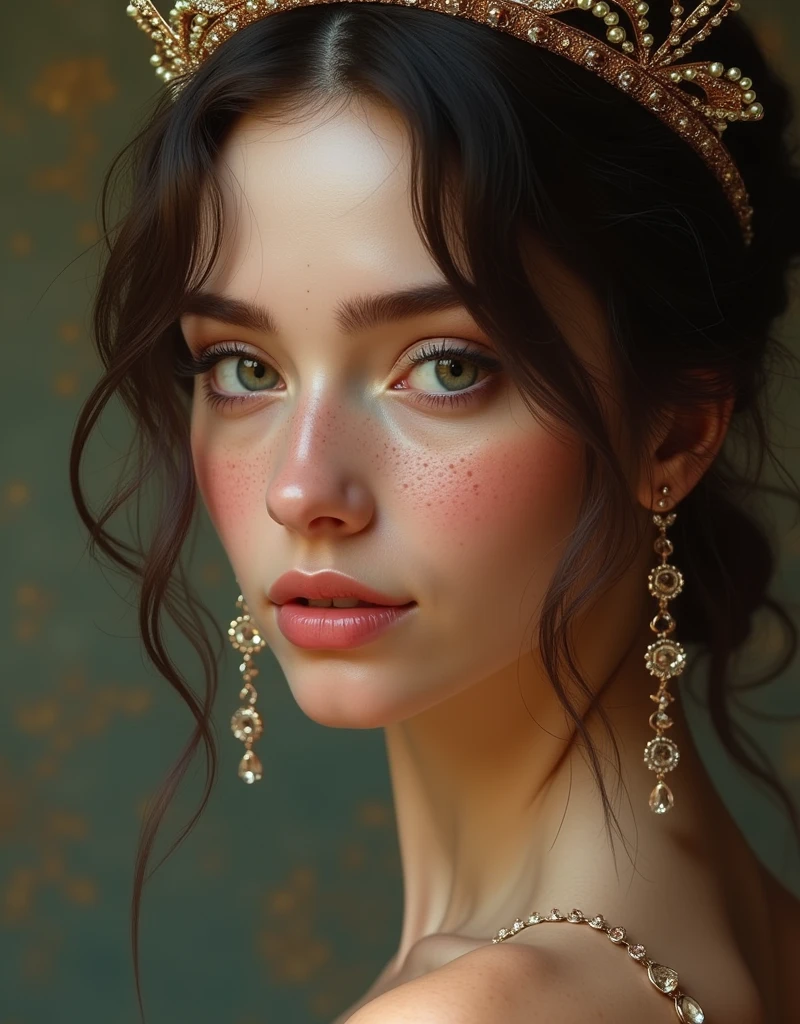 close-up of a beautiful female face, gorgeous eyes, intricate, cleavage, soft lips, smiling, naughty, seductive glance, freckles, crown, jewelry, created ((in the style of Albrecht Altdorfer)), Renaissance, pin-dot art,((oil painting knife)), rainessanse older gradient, Complex details, intricate, aesthetics, ((best quality, Masterpiece)),
((Highest detail), Octane rendering, 8K  