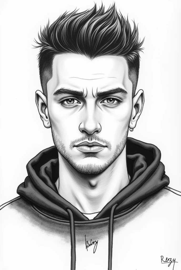 Create me a simple black and white drawing of the German rapper Reezy from his album cover Mr. Misunderstood