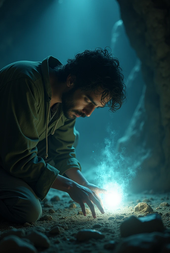 4. A researcher touching the artifact, with a dazzling light emanating from the object, lighting up the room around him.