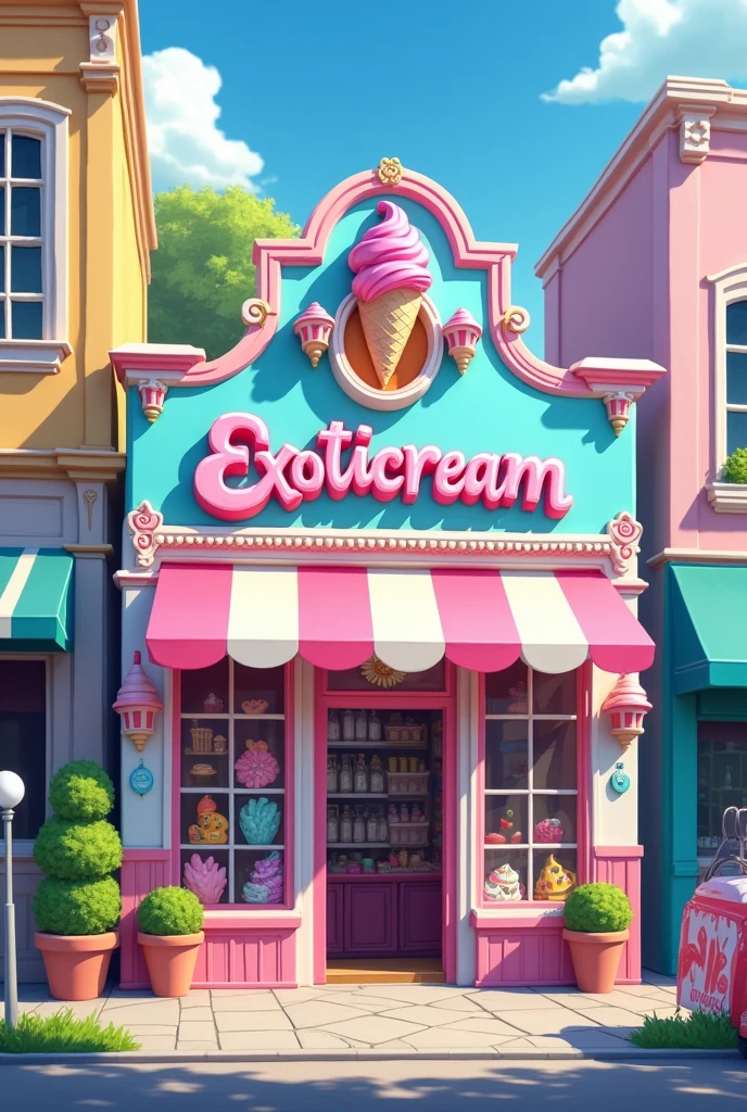 front of an ice cream shop with the name "exoticream", a creative and cozy place with pastel colors, specifically blue and pink