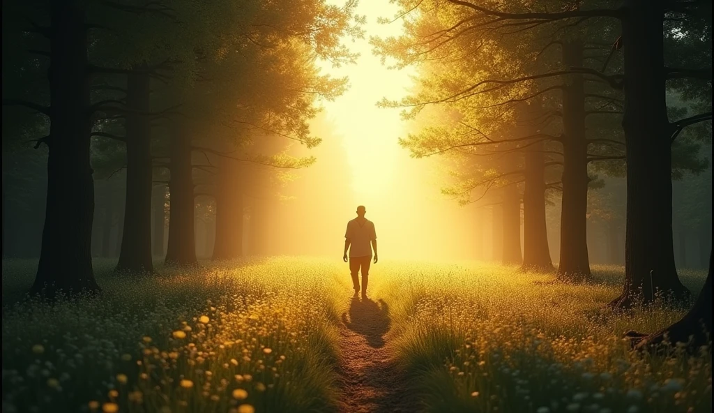 A person emerging from a dark, shadowy forest into a bright, open meadow bathed in sunlight. Their figure is illuminated, symbolizing the emergence of their true self. -ar 16:9