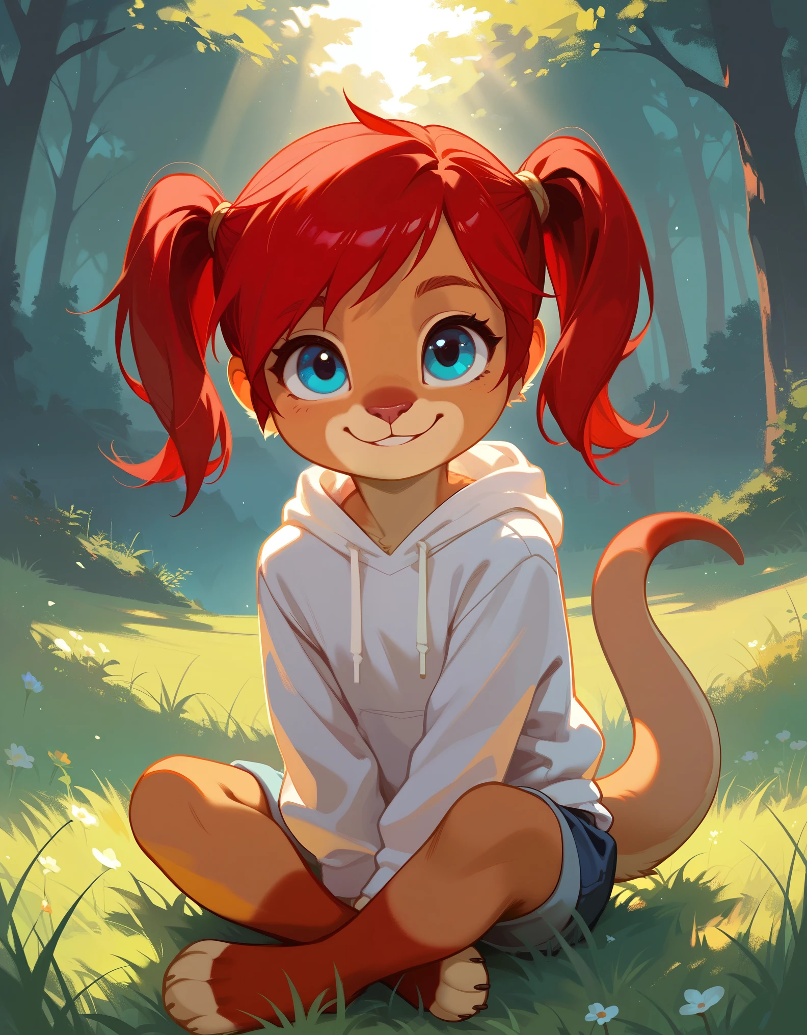 score_9, score_8_up, score_7, rating_ safe, source_furry, furry, camille_w, solo, red hair, twintails, blue eyes, hoodie, (kangaroo tail:0.7), sitting, outdoors, grass, looking at viewer, smile, cute, sunlight, natural lighting, 