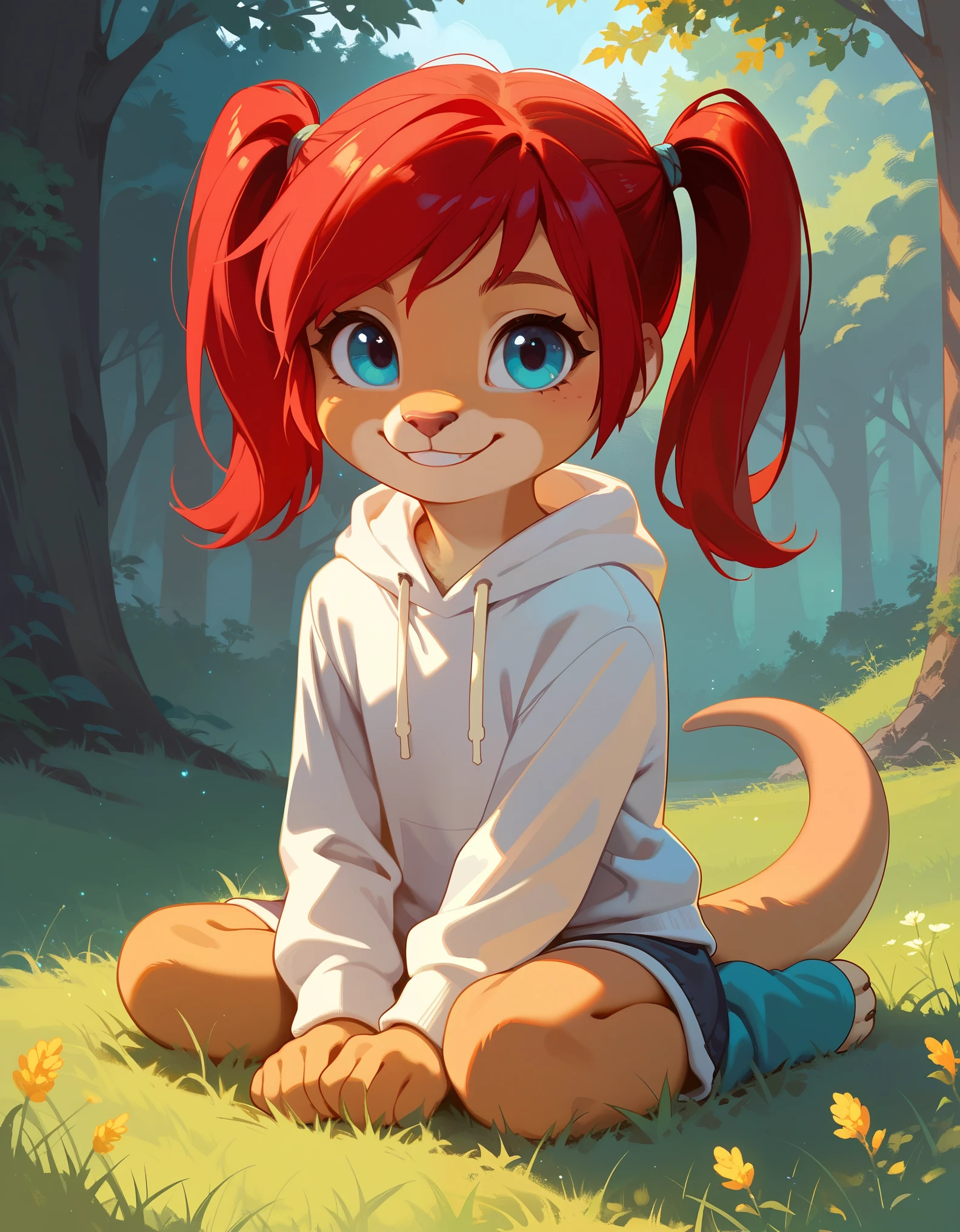 score_9, score_8_up, score_7, rating_ safe, source_furry, furry, camille_w, solo, red hair, twintails, blue eyes, hoodie, (kangaroo tail:0.7), sitting, outdoors, grass, looking at viewer, smile, cute, sunlight, natural lighting, 